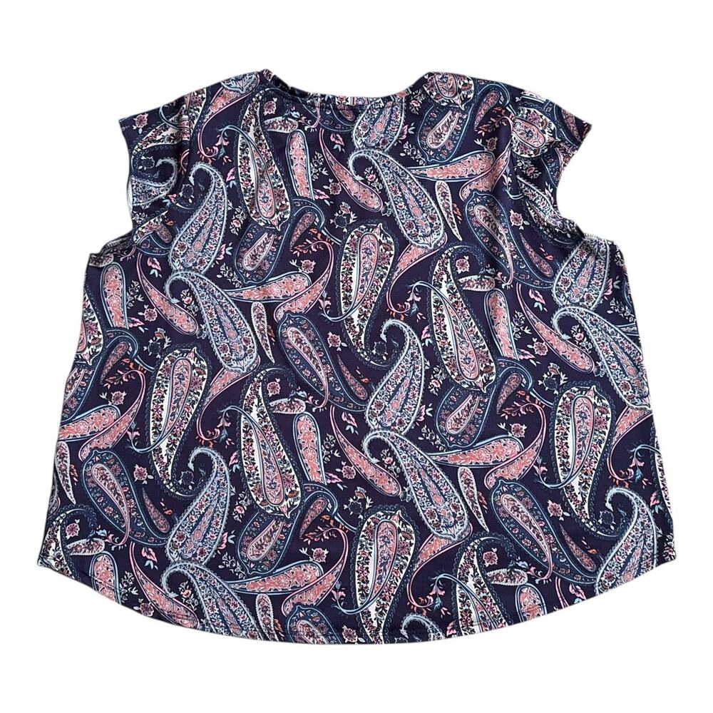Ava James Womens Plus 2X Paisley Blouse Flutter Sleeve Stretch Knit Navy Pink - Picture 3 of 5